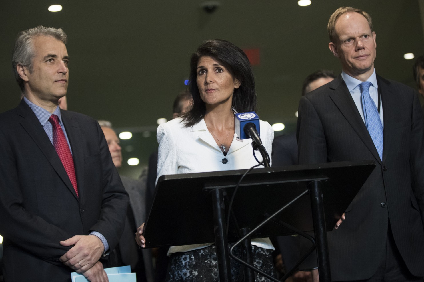 Flanked by French Deputy Representative to the United Nations Alexis Lamek (L) and British Representative to the United Nations Matthew Rycroft (R), U.S. Ambassador to the United Nation Nikki Haley speaks Monday to reporters at the United Nations headquarters in New York on a nuclear weapons ban treaty, which the U.S., Britain and France oppose. (Drew Angerer/Getty Images)