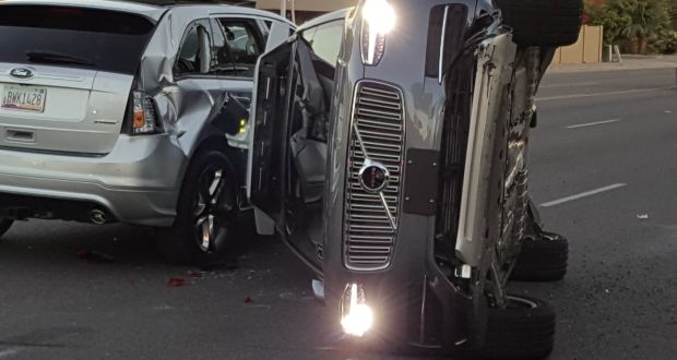 A self-driven Volvo SUV owned and operated by Uber after a collision in Tempe, Arizona, on March 24th. Photograph: Fresco News/Mark Beach/via Reuters